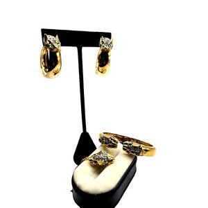 Vintage BUTLER signed Wild Cat w green eyes hoop EARRINGS Hinged BRACELET + PIN